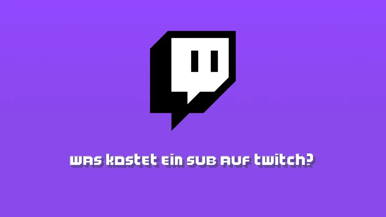 Das Twitch-Logo mit der Frage "Was kostet ein Sub auf Twitch?" auf lila Hintergrund.