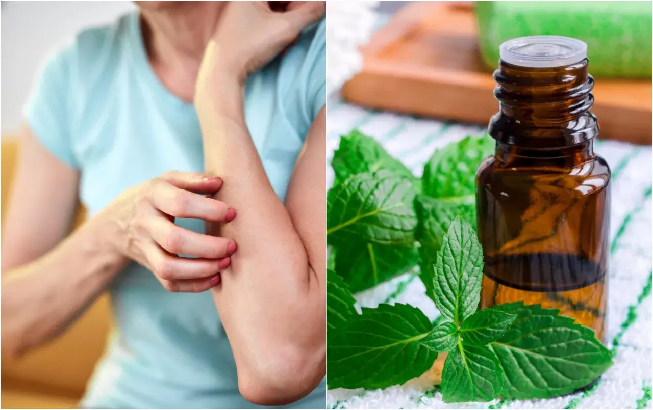 Mujer se rasca el brazo, junto a un frasco de aceite esencial de menta, una solución natural para como calmar el picor de la piel.