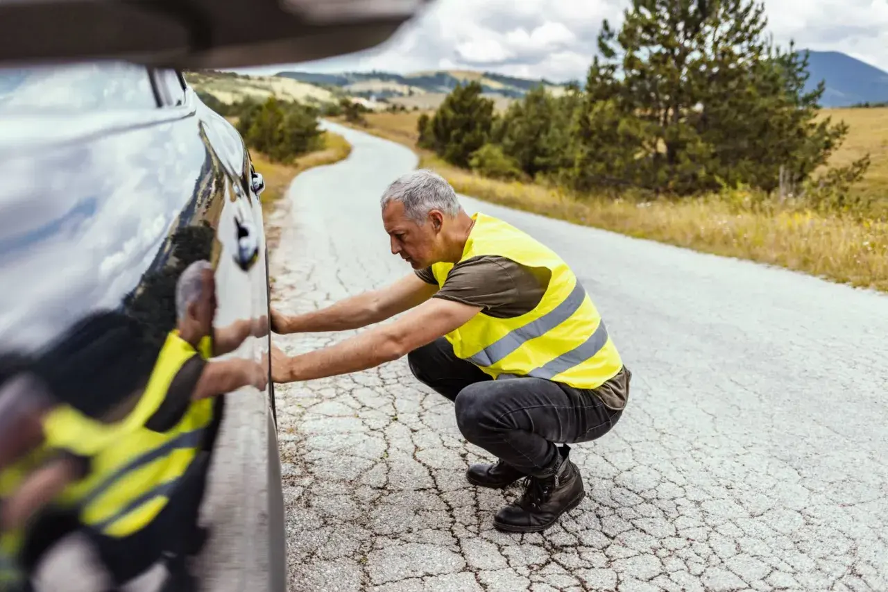 Hombre con chalecos reflectantes, agachado junto a un coche averiado en una carretera rural.
