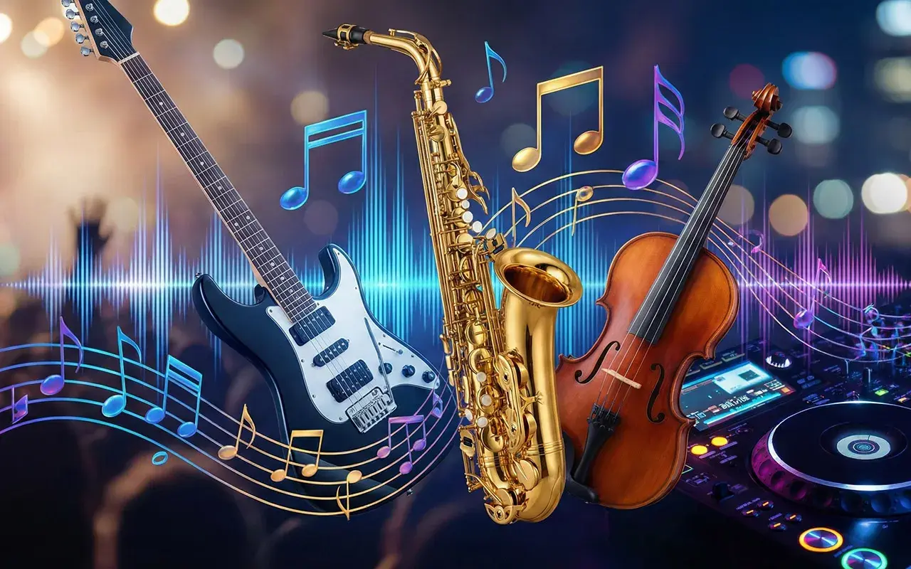 Gitara, saksofon i skrzypce symbolizują różne rodzaje muzyki, od rocka po klasykę. Nuty unoszą się w powietrzu, tworząc magiczną atmosferę.