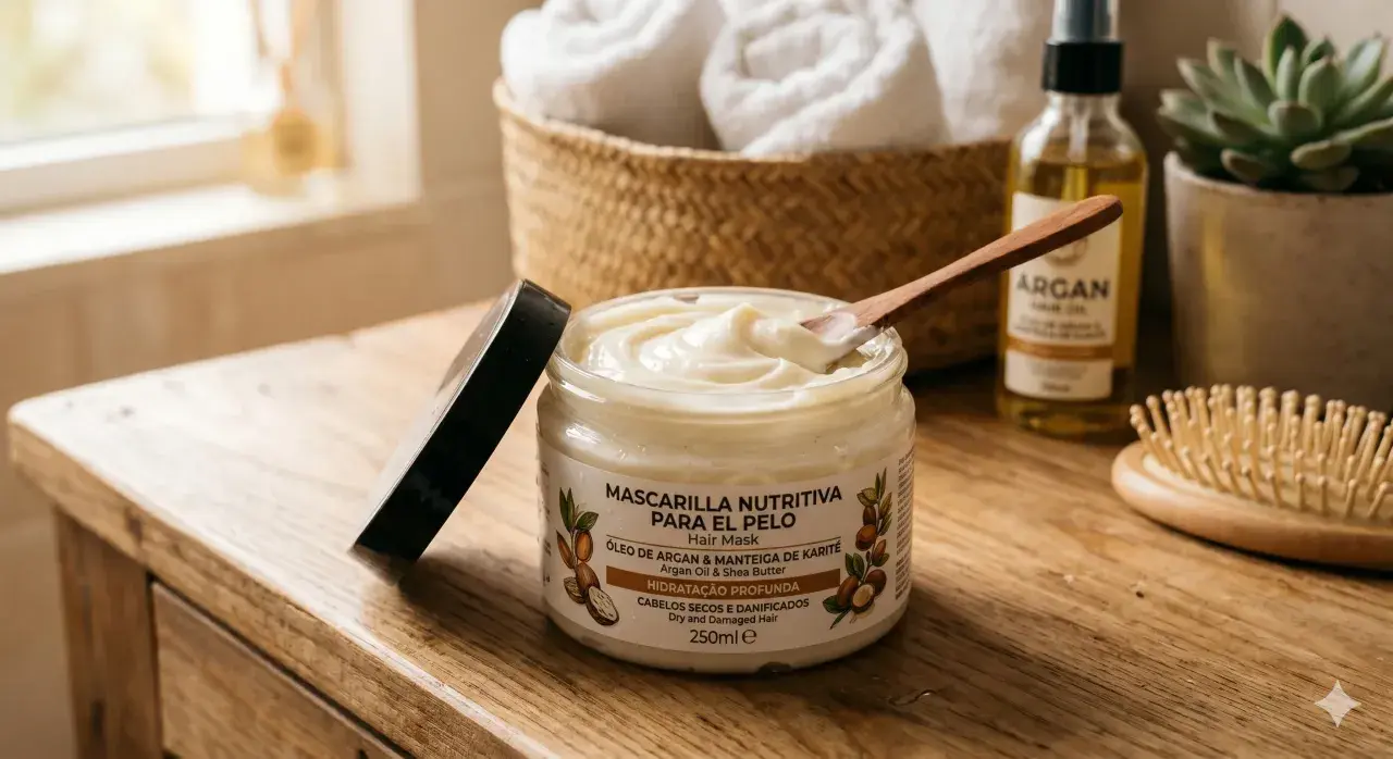 Tarro de mascarilla nutritiva para el pelo, ideal para saber como aplicar mascarilla pelo. Incluye aceite de argán y manteca de karité.