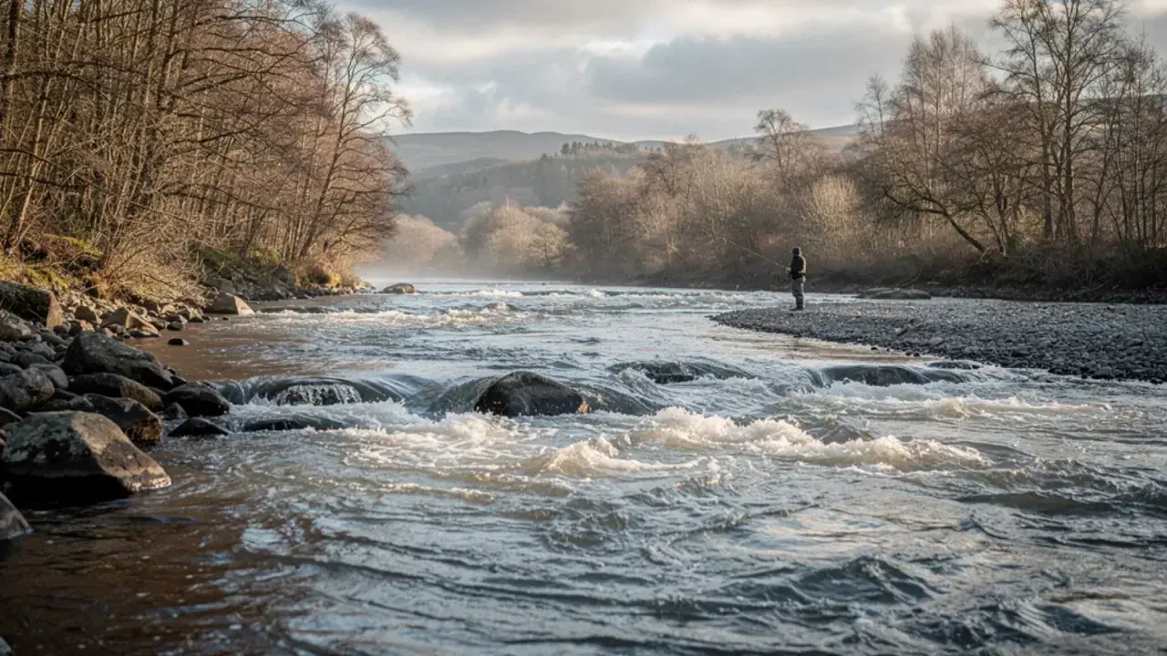 Ein Mann steht am Ufer und geht angeln in Schottland. Der Fluss ist wild und von Bäumen gesäumt.