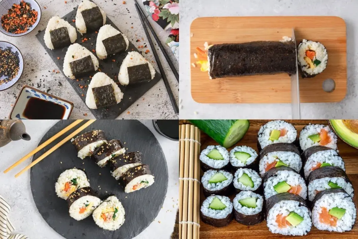 Onigiris y rollos de sushi, algunos con alga nori en el mar, listos para disfrutar.