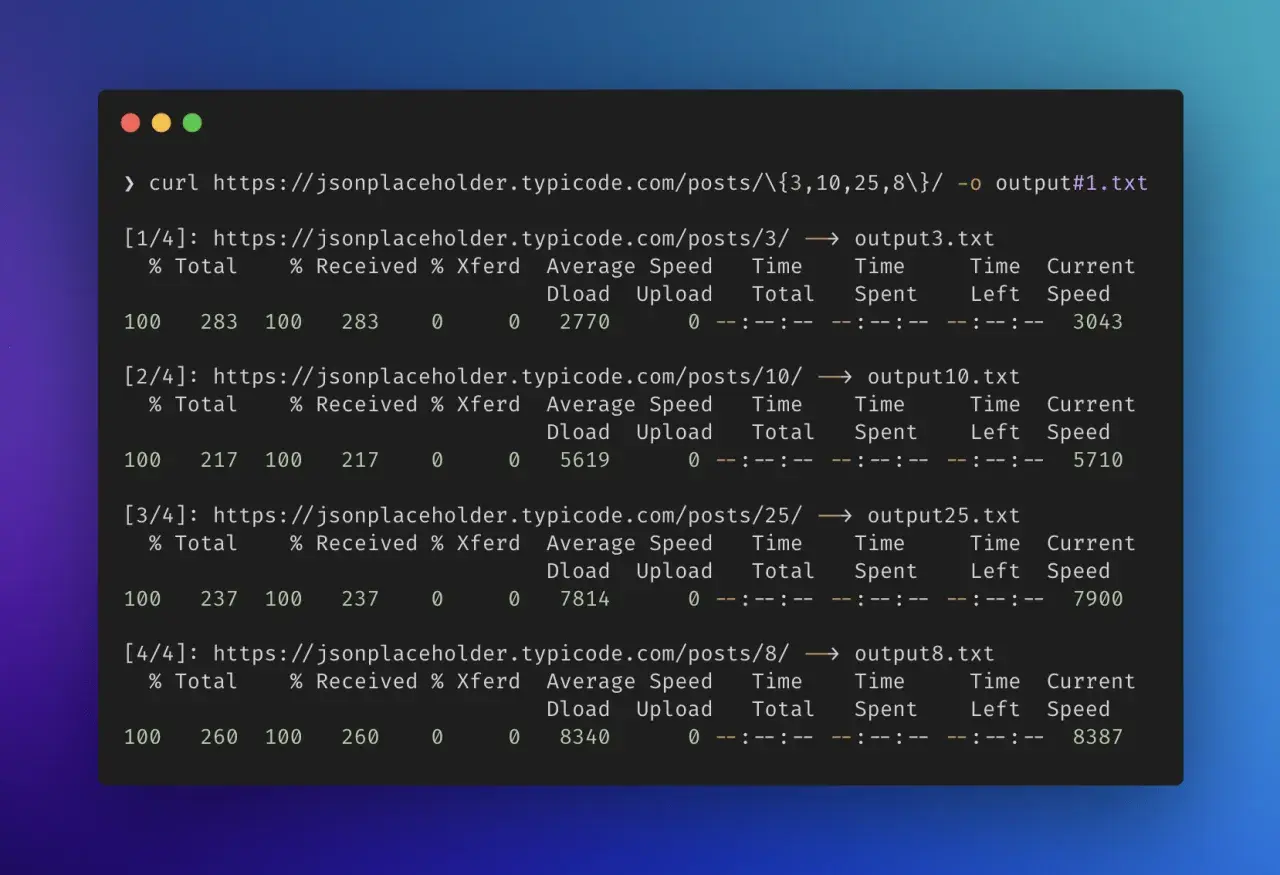 Terminal z poleceniem curl pobierającym dane z API. Widzimy postęp pobierania, prędkość i czas. Curl to narzędzie do transferu danych.