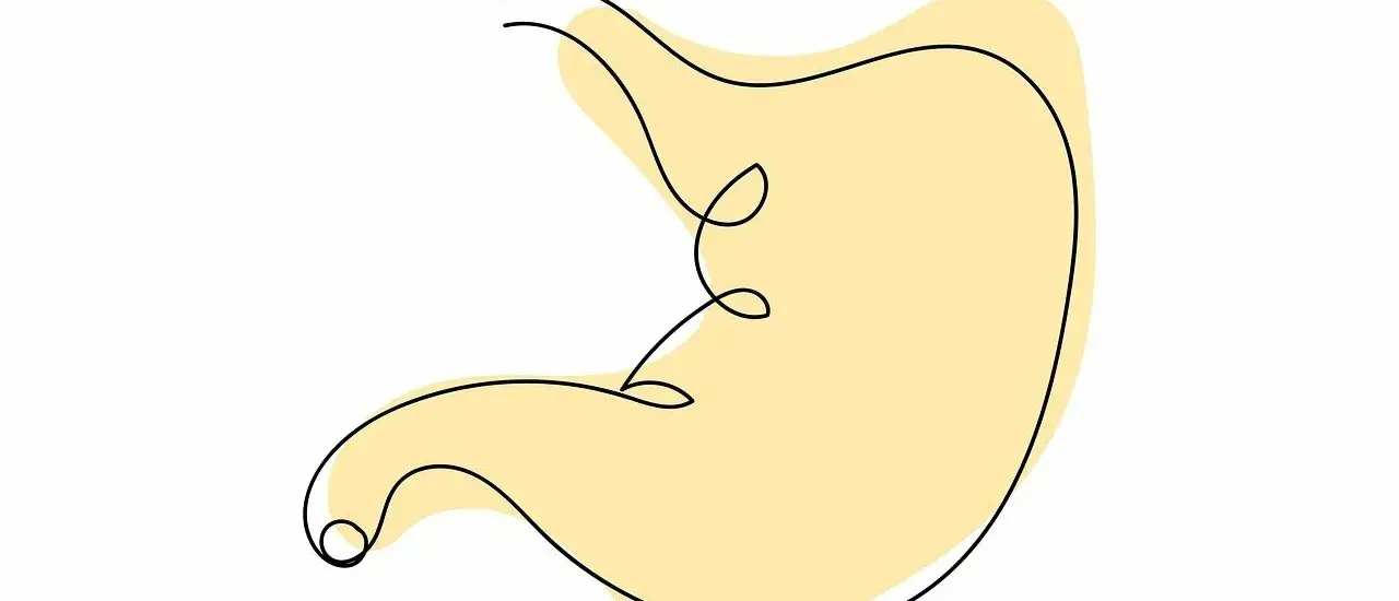 Een abstracte maag, met een dunne zwarte lijn die de vorm schetst. De gele vlek suggereert een gevoel van misselijk door overprikkeling.