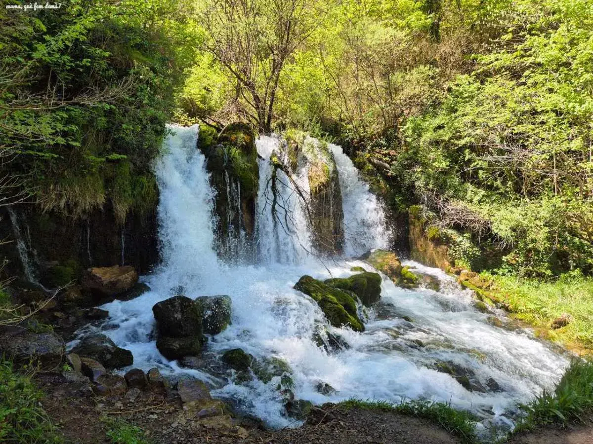 Persona de pie junto a una cascada en un acantilado rocoso rodeado de vegetación verde.