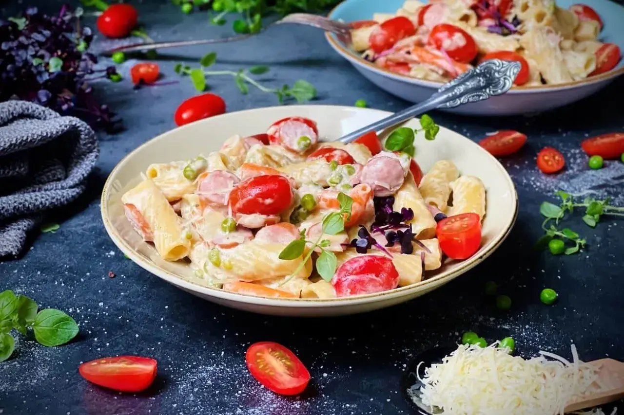 Cremige Pasta mit Würstchen, Erbsen und Kirschtomaten – ein köstliches One-Pot-Gericht, garniert mit frischen Kräutern.