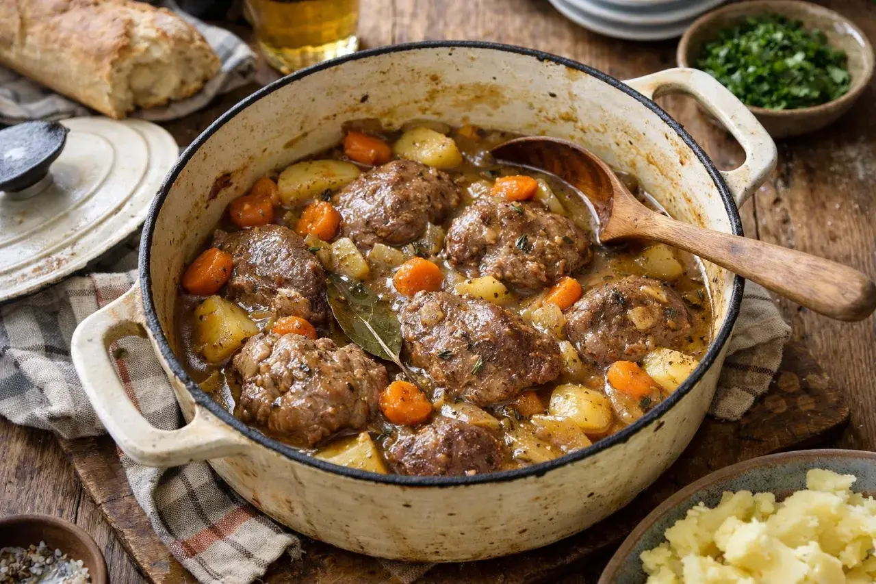 Un plat mijoté de joue de porc au cidre, avec des pommes de terre et des carottes, servi dans une cocotte en fonte.