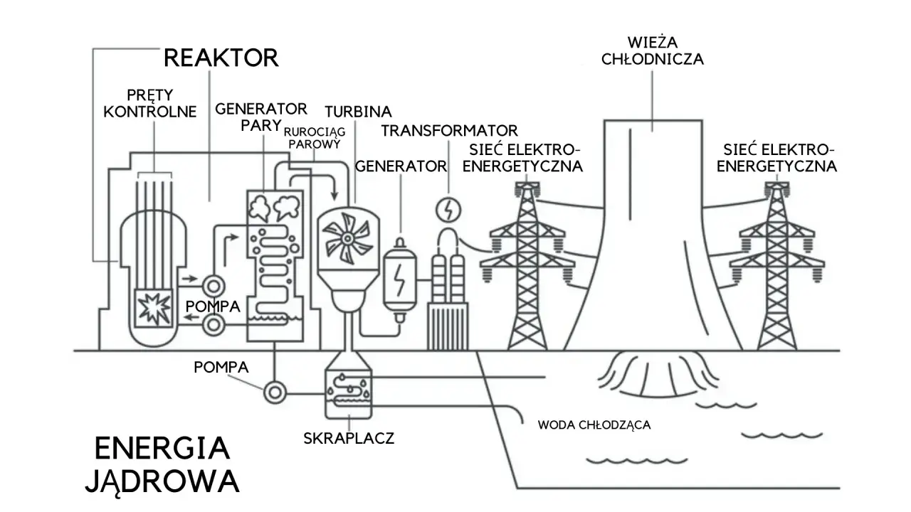 Schemat działania elektrowni jądrowej: reaktor, turbina, generator, transformator, wieża chłodnicza i sieć energetyczna. Energia jądrowa w pigułce.