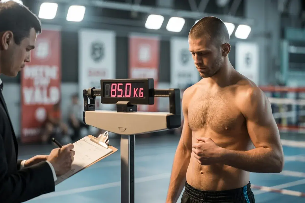 Bokser waży 85 kg przed sparingiem. Trener notuje wynik.