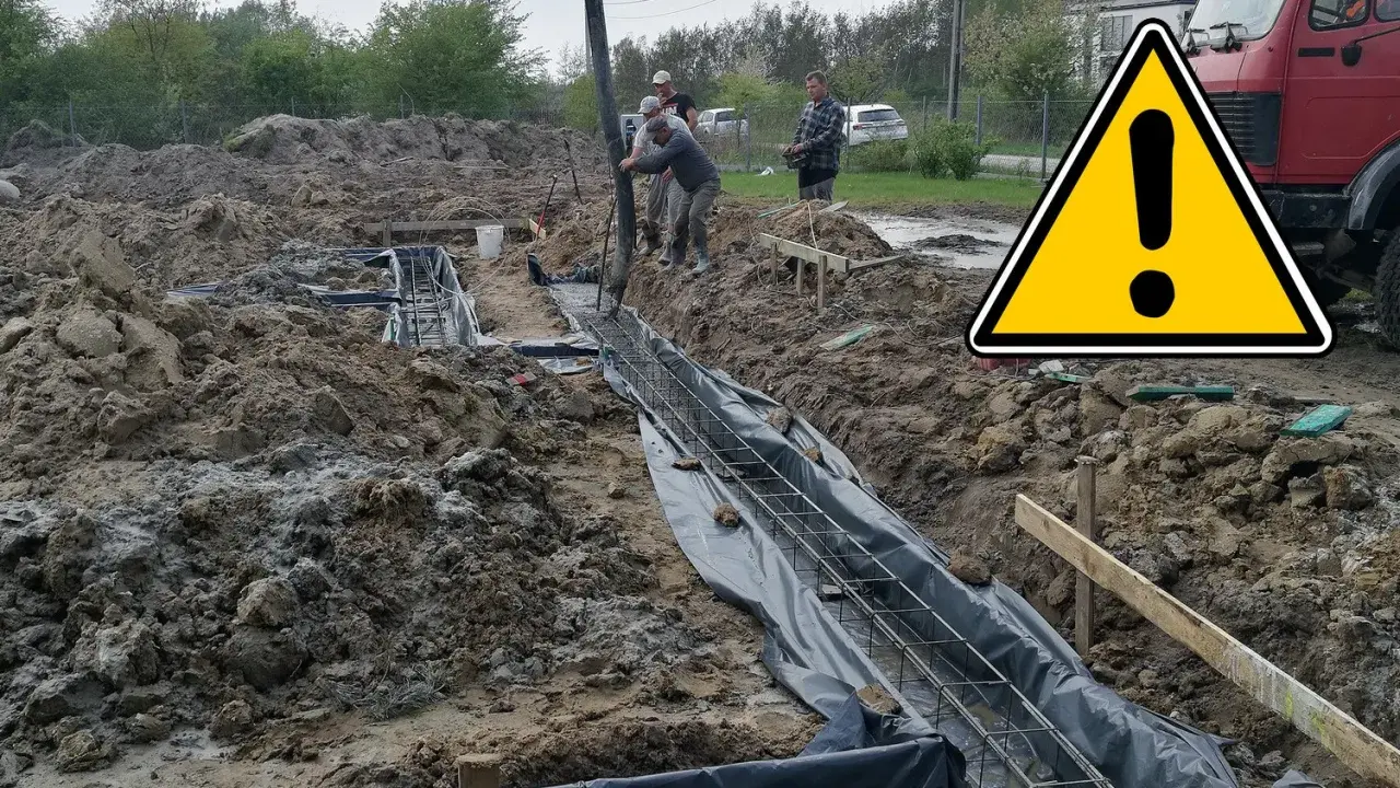 Budowa fundamentów: wylewanie betonu do zbrojenia w wykopie.