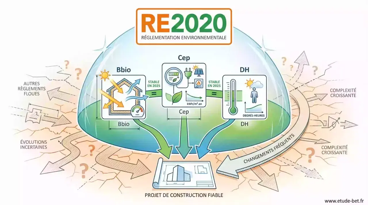 Schéma RE2020 : Bbio, Cep, DH influencent un projet de construction fiable, malgré complexité et incertitudes.