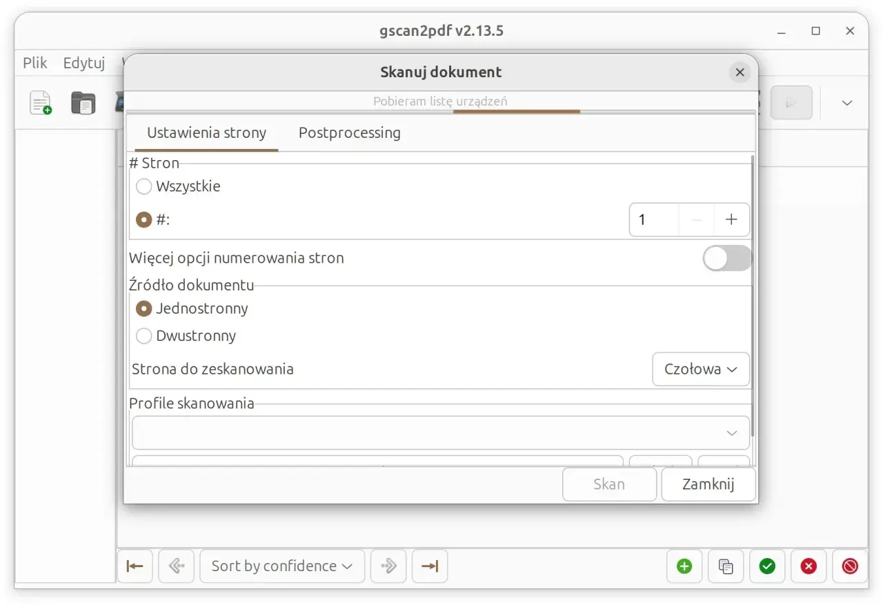 Okno programu gscan2pdf z ustawieniami skanowania dokumentu. Widoczne opcje numeracji stron, źródła dokumentu (jednostronny/dwustronny) i profilu skanowania. Program obsługuje OCR.