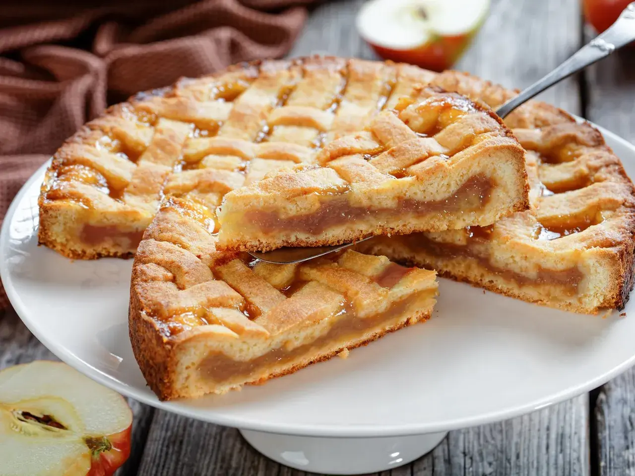 Ein goldbrauner Kuchen mit Gittermuster, gefüllt mit süßem Apfelmus. Ein Stück wird gerade herausgehoben.
