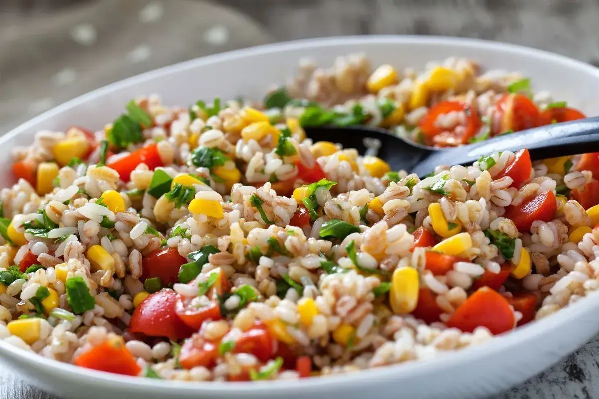 Insalata di farro colorata con pomodorini, mais e prezzemolo fresco, servita in una ciotola bianca.