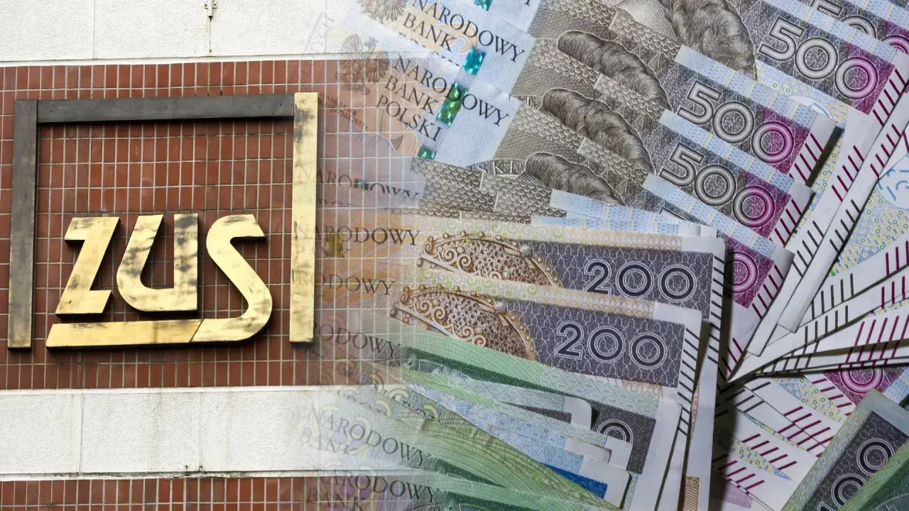 ZUS co to? Złote banknoty 500 i 200 zł leżą obok logo ZUS.