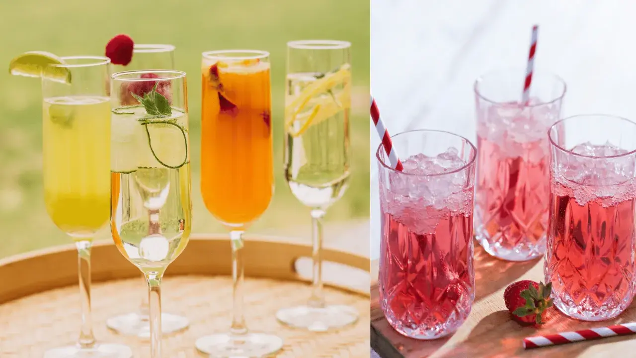 Flera glas med bubbliga drinkar, en juldrink med prosecco, garnerade med frukt och gurka. Till höger, rosa drinkar med krossad is och jordgubbar.
