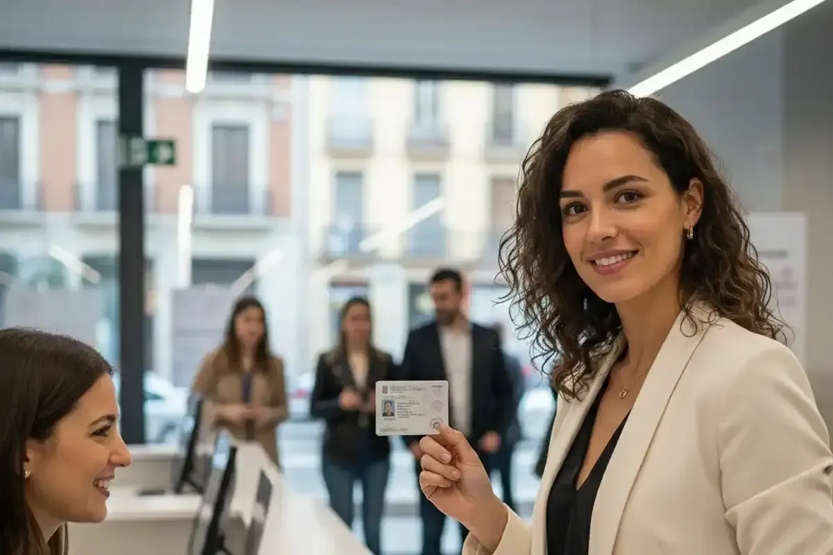 Mujer sonríe mostrando su DNI para firmar con certificado digital. En el fondo, otras personas esperan.