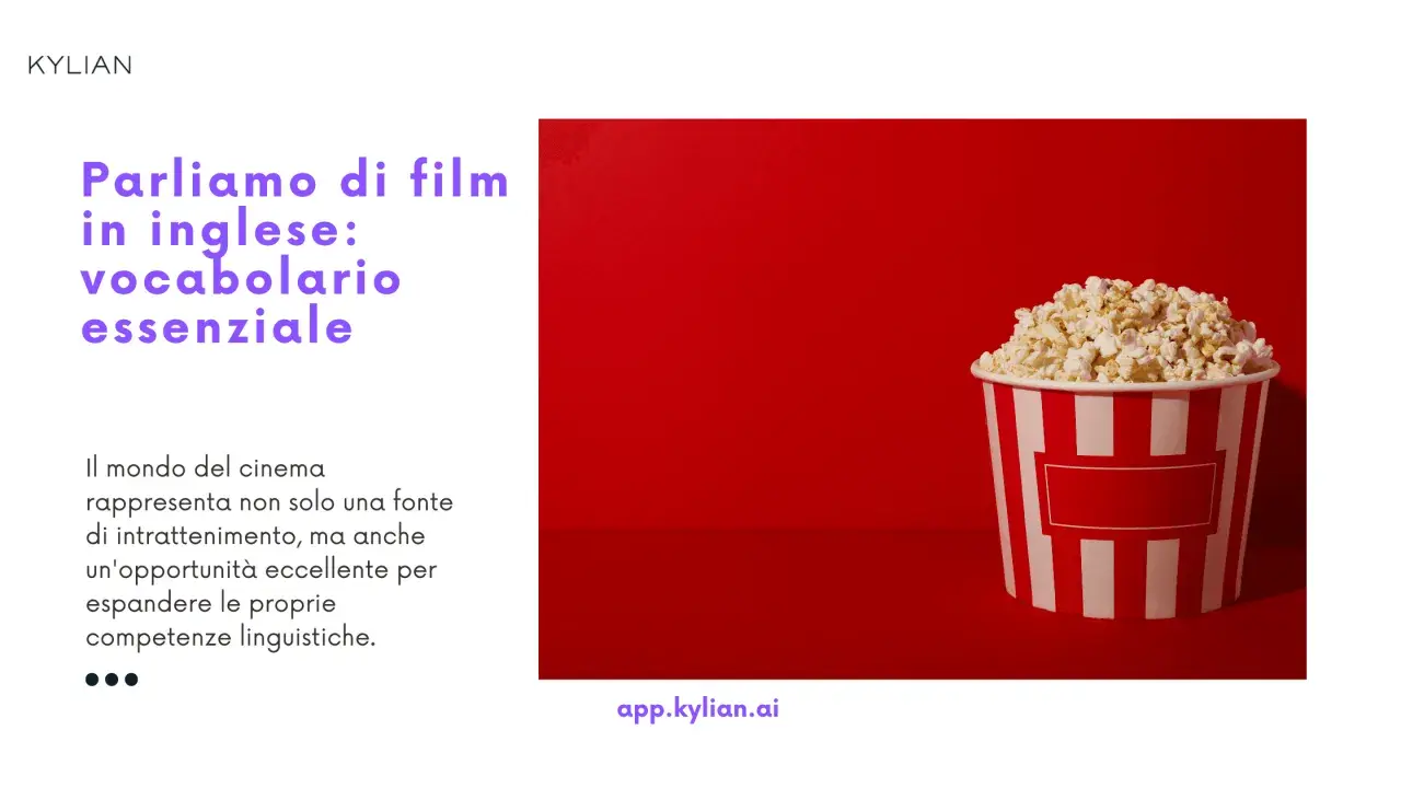 Secchiata di popcorn su sfondo rosso, ideale per imparare il vocabolario essenziale per i film in lingua originale inglese.