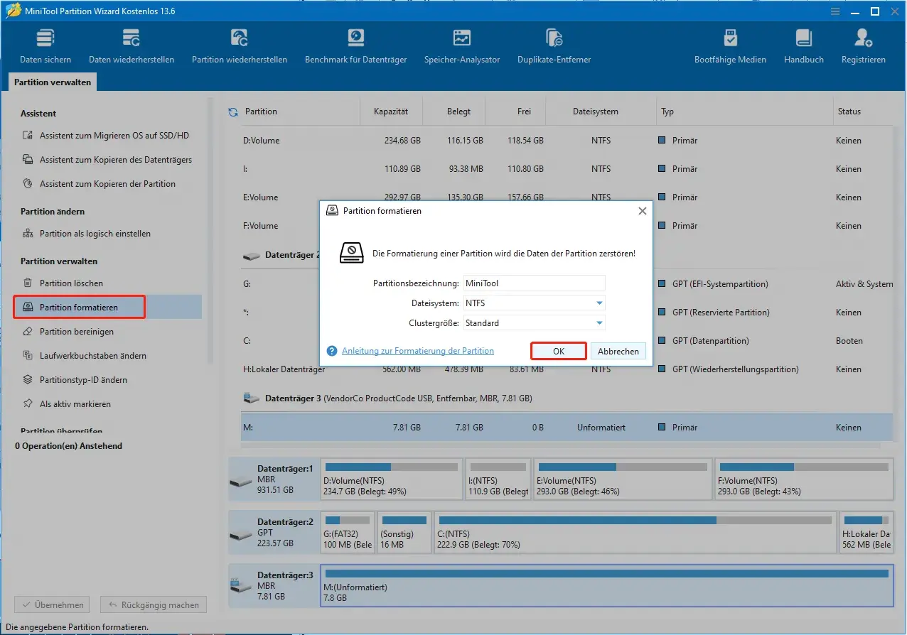 Dialogfeld "Partition formatieren" in MiniTool Partition Wizard. Warnung: Daten gehen verloren. OK zum Fortfahren.