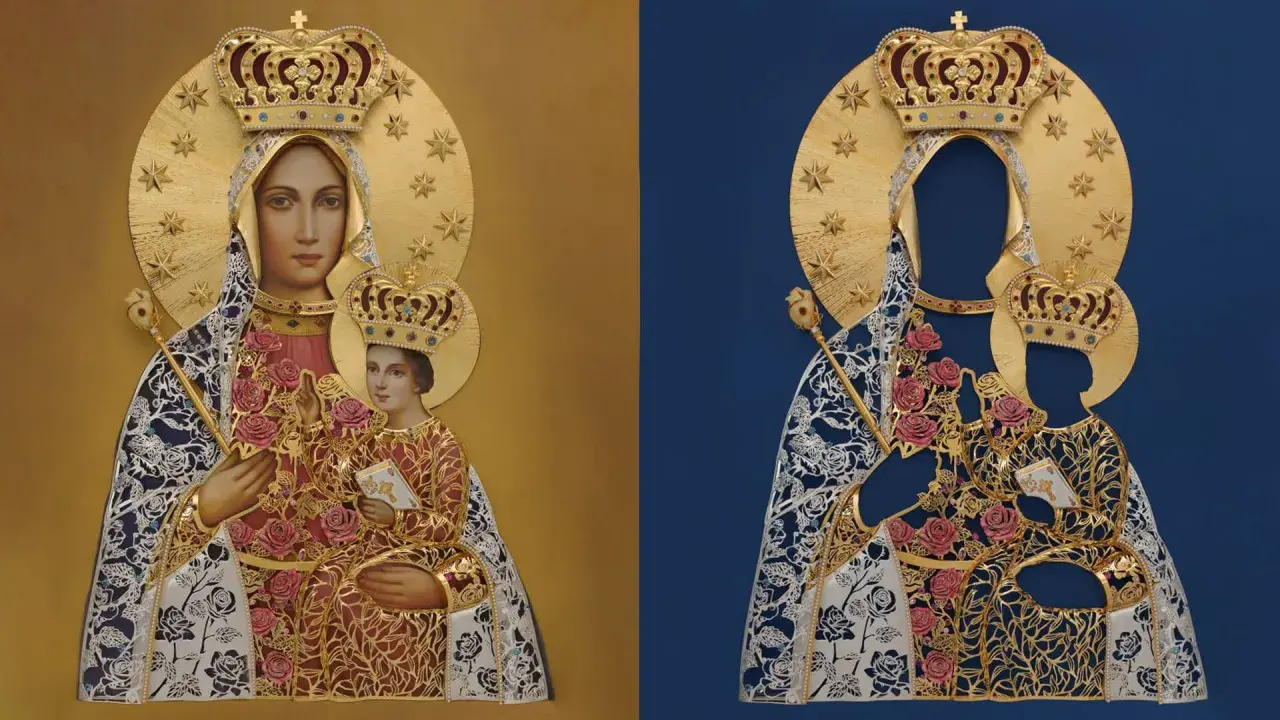 Dwie wersje ikony Matki Boskiej z Dzieciątkiem, ukazujące, jak wyglądała Maryja w bogatych szatach i koronach, ozdobione różami.