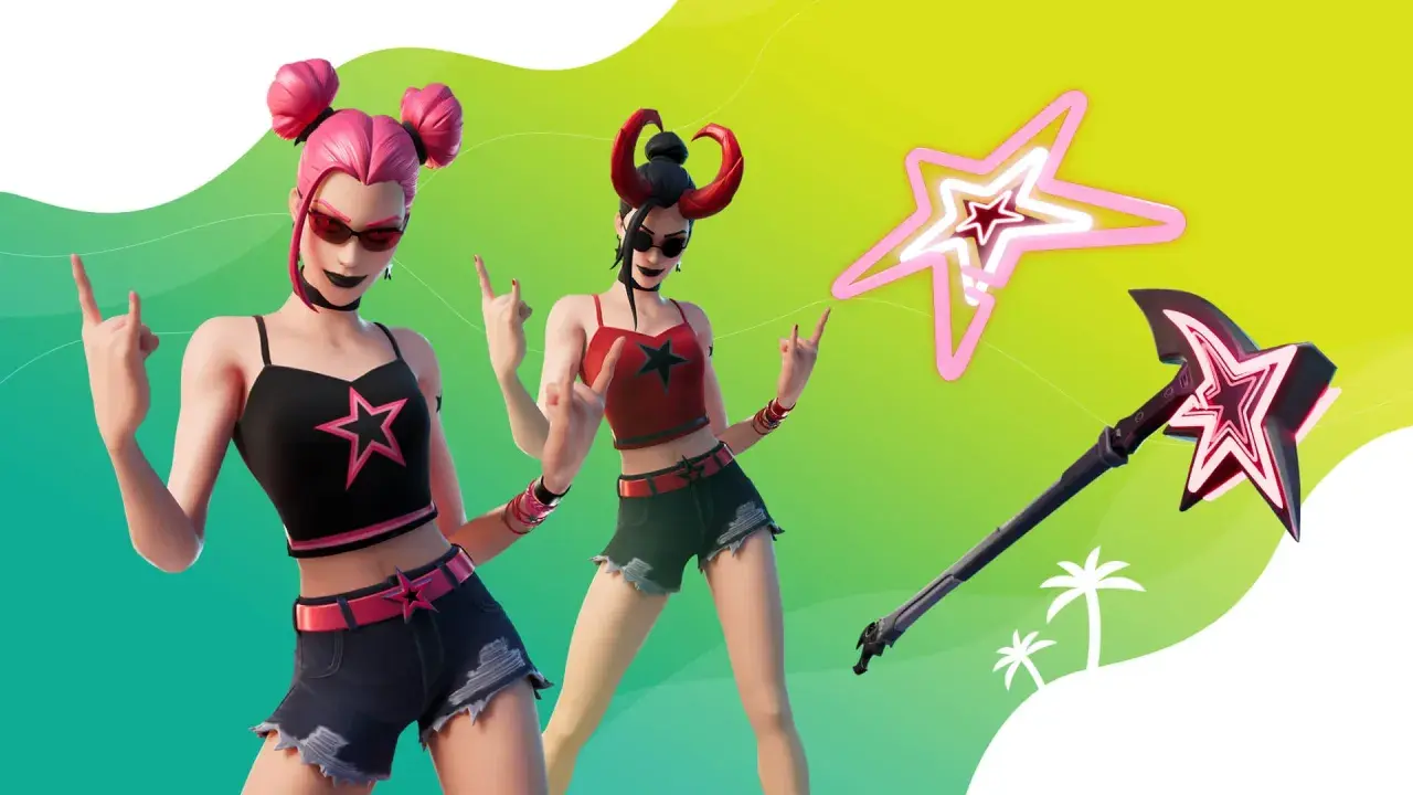 Dwie postacie w letnich strojach, jedna z różowymi kucykami, druga z rogami. Obok nich neonowa gwiazda i topór. To plażowa wiedźma Fortnite!