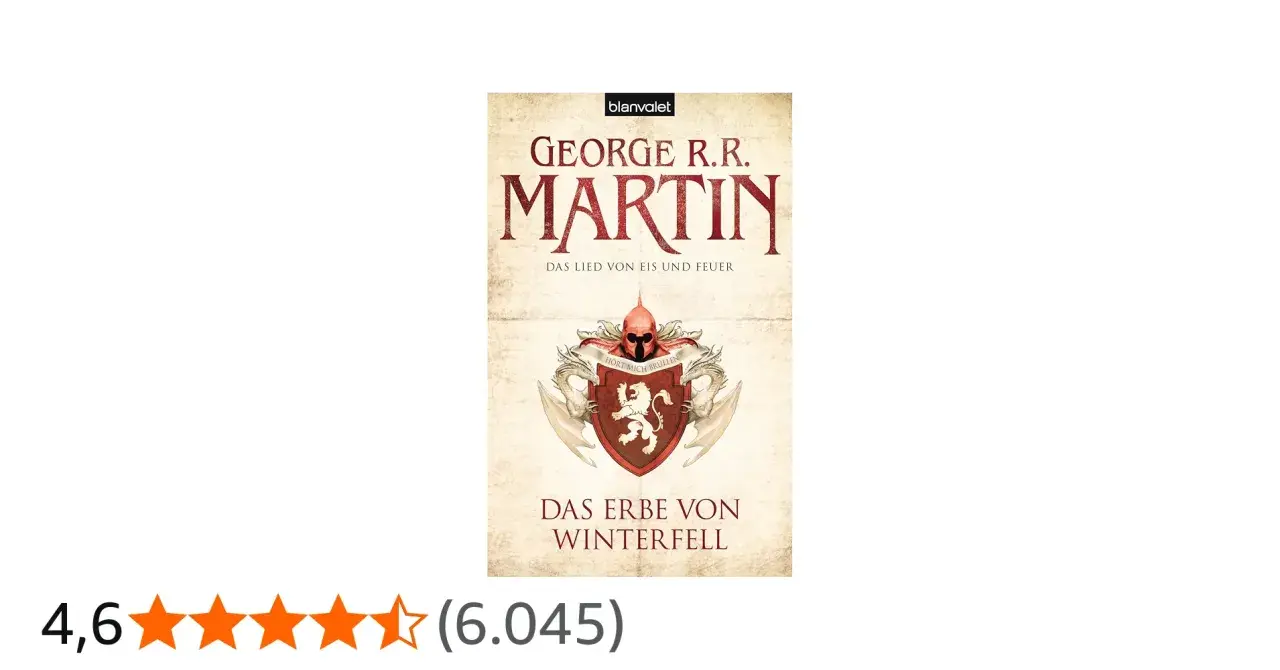 Das Buchcover "Das Erbe von Winterfell" von George R.R. Martin zeigt das Wappen von Haus Stark, das auf den Kampf um den eisernen Thron hindeutet.