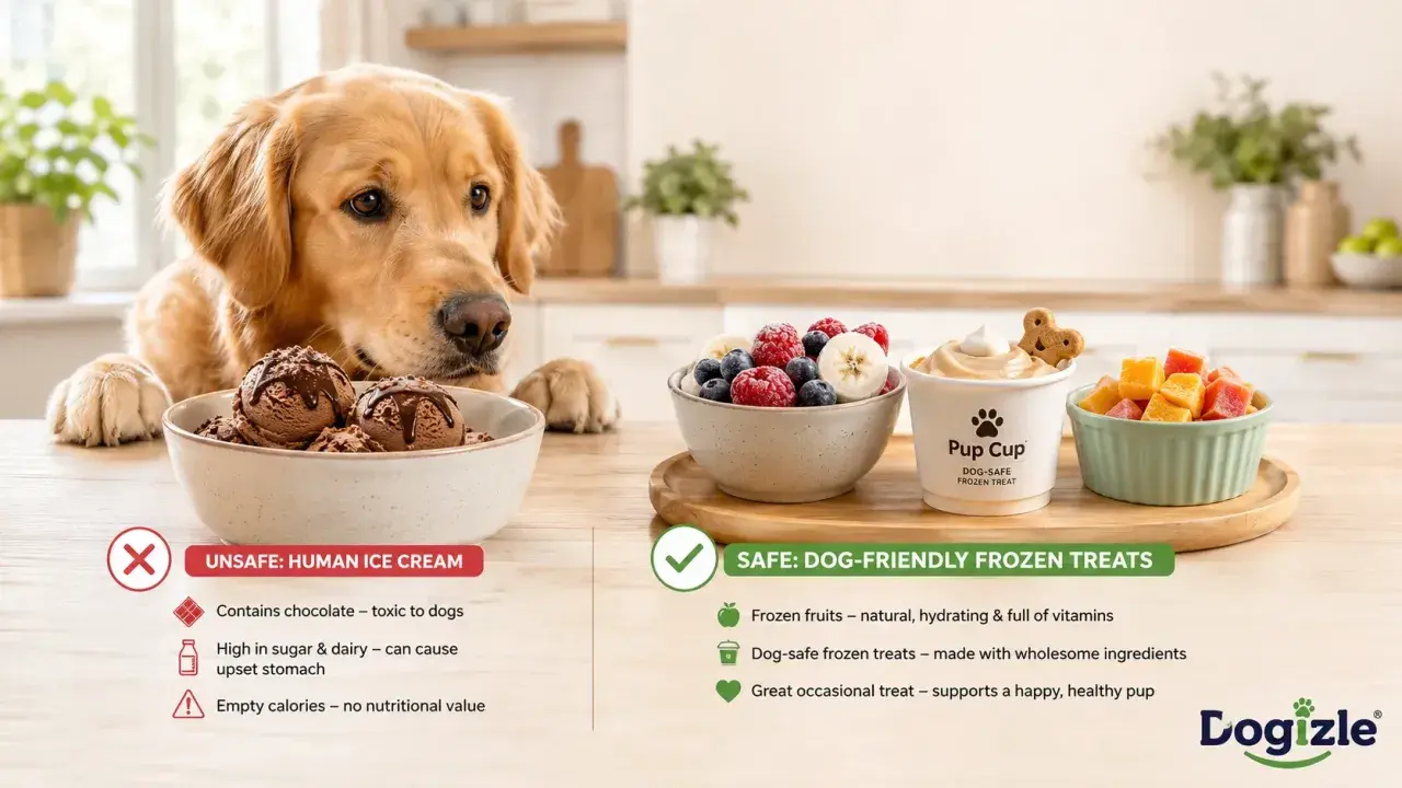 Golden retriever looks at chocolate ice cream, while dog-safe frozen treats are presented as a healthy alternative. Can dogs eat ice cream? This image shows why human ice cream is unsafe.