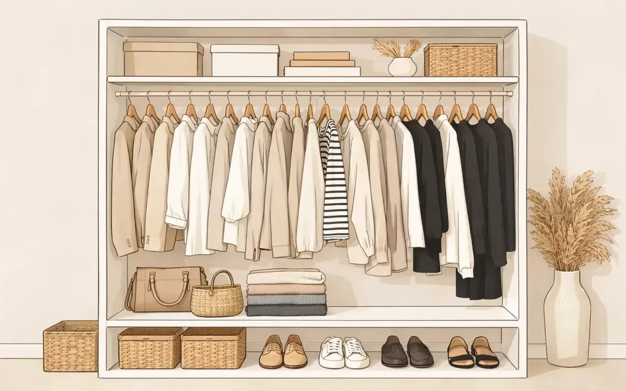 Ordentliche Garderobe mit Kleidern in neutralen Tönen, perfekt für ein Capsule Wardrobe auf Deutsch. Darunter Körbe, Taschen und Schuhe.