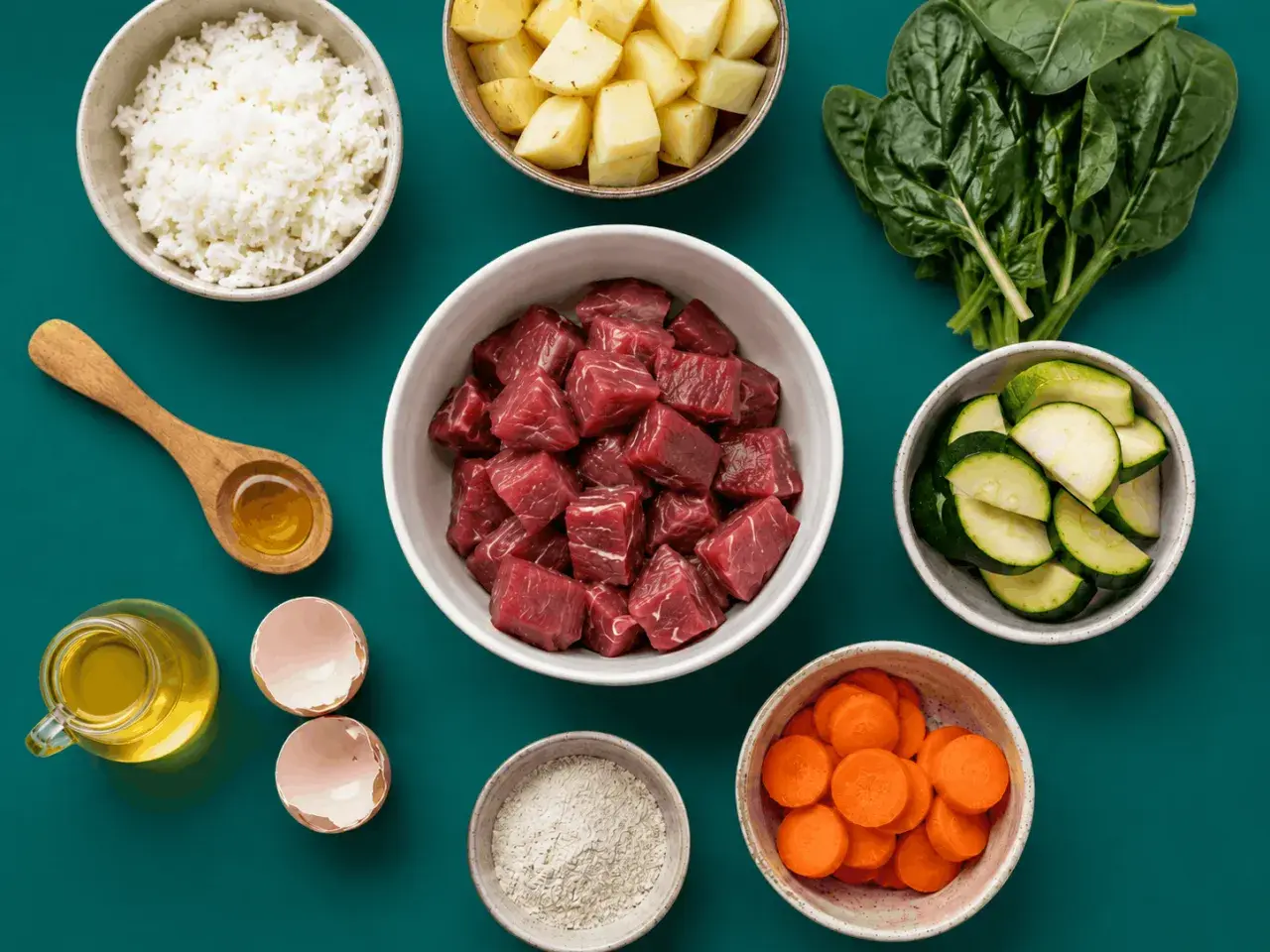 Zutaten für hundefutter selber kochen: Rindfleischwürfel, Reis, Kartoffeln, Zucchini, Karotten, Spinat, Eierschalen, Öl und Mehl.