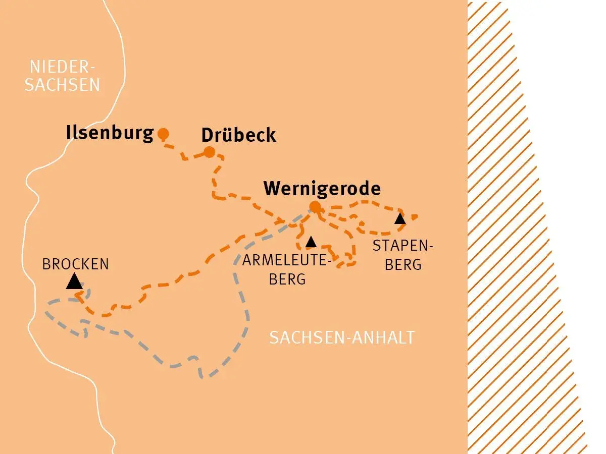 Karte zeigt Wanderrouten um Wernigerode, mit Stationen wie Ilsenburg, Brocken und Sachsen-Anhalt.