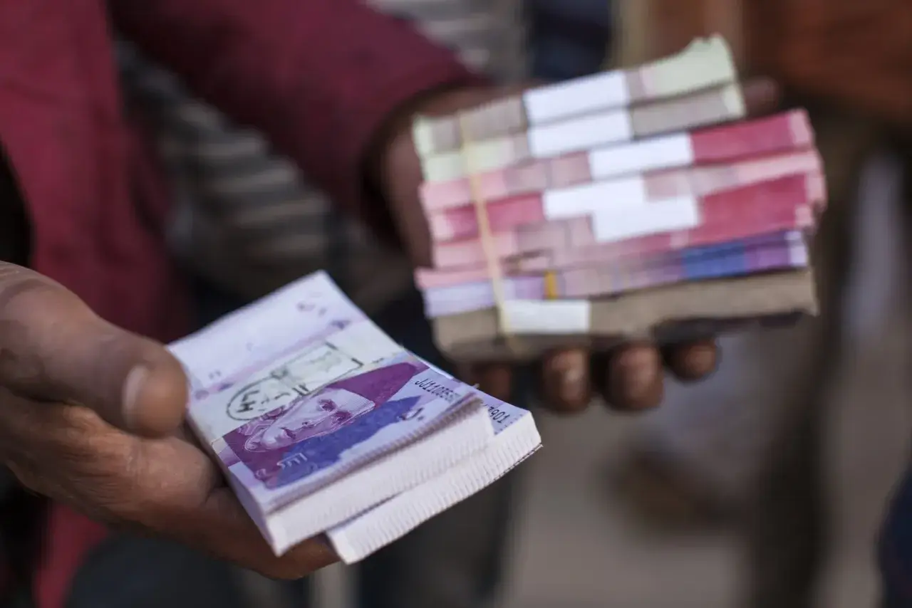 Dłonie trzymają stosy banknotów. W jednej dłoni widać wyraźnie banknot z portretem, to waluta Pakistanu.