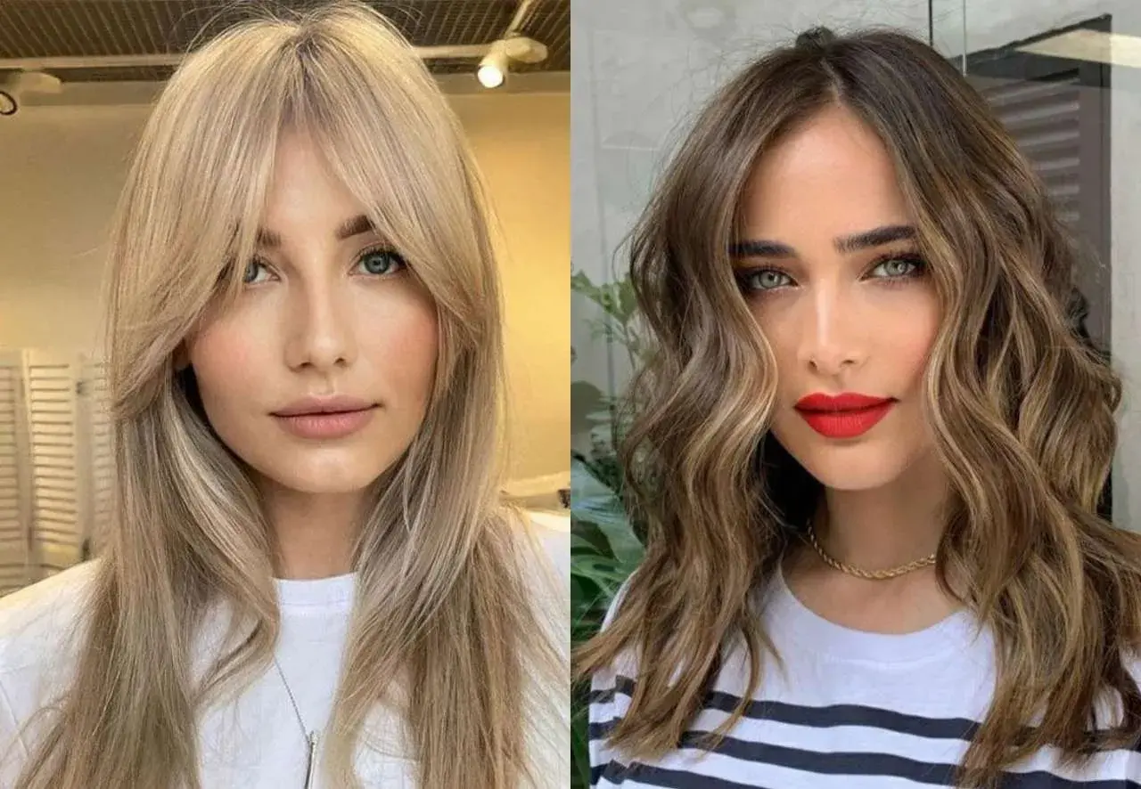 Dos estilos de cortes de pelo que quitan años: rubio con flequillo abierto y castaño ondulado con mechas.