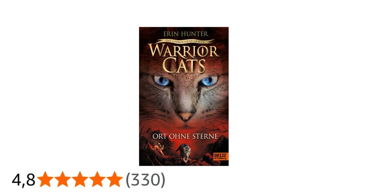 Cover von "Warrior Cats: Das gebrochene Gesetz" mit einem bedrohlichen Katzengesicht und zwei Katzen im Vordergrund.