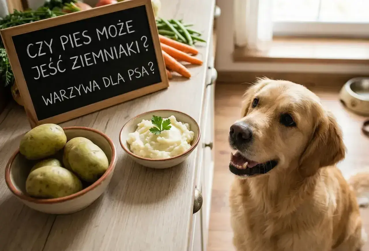 Złoty retriever z zaciekawieniem patrzy na miseczkę z puree ziemniaczanym. Tabliczka obok pyta: "Czy pies może jeść ziemniaki?".