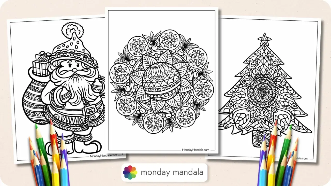 Páginas de mandala navidad para colorear: Papá Noel, un adorno festivo y un árbol de Navidad, listos para ser llenados de color.