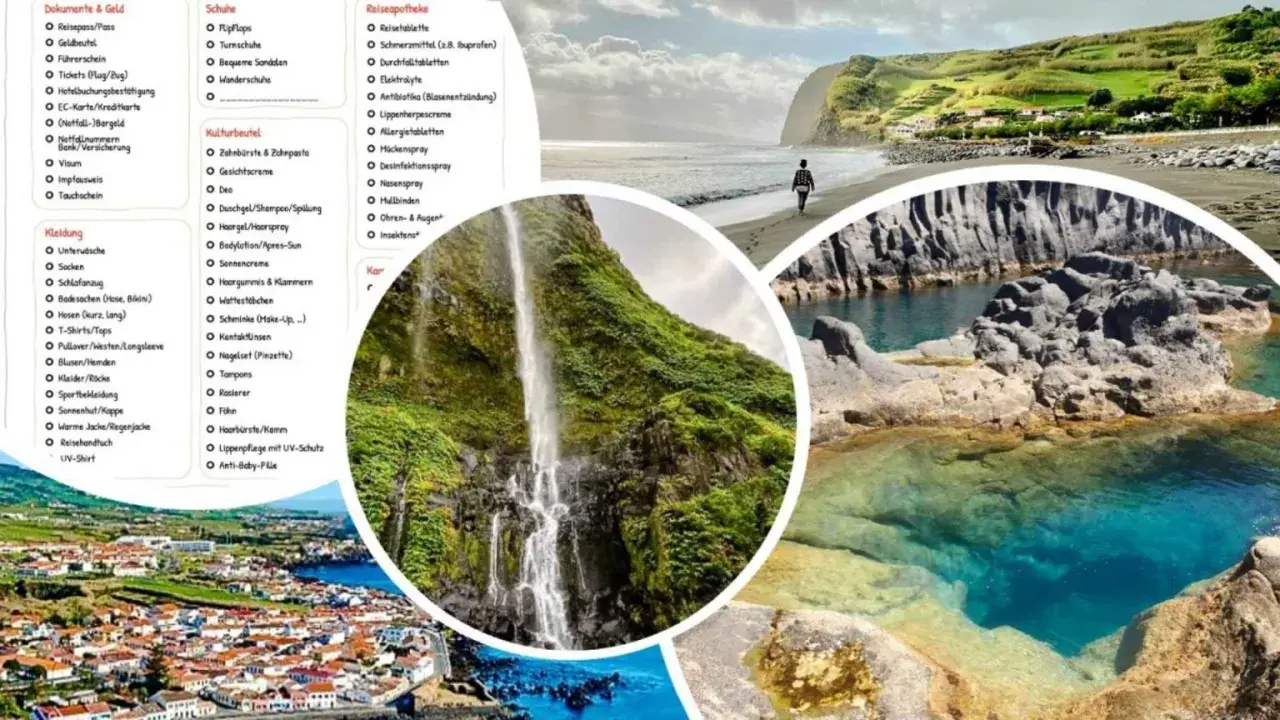 Atemberaubende Azoren-Landschaften: Wasserfall, Küste, Felsen. Packliste für Ihre Azoren Reisetipps: Kleidung, Schuhe, Kulturbeutel, Reiseapotheke.