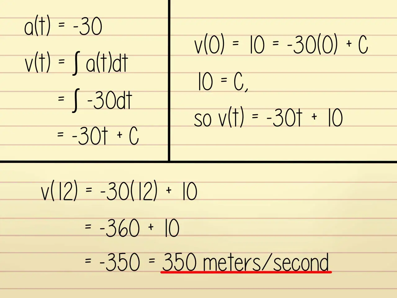 Calcolo della velocità media: a(t) = -30, v(t) = -30t + 10. Dopo 12 secondi, v(12) = -350, ovvero 350 m/s.