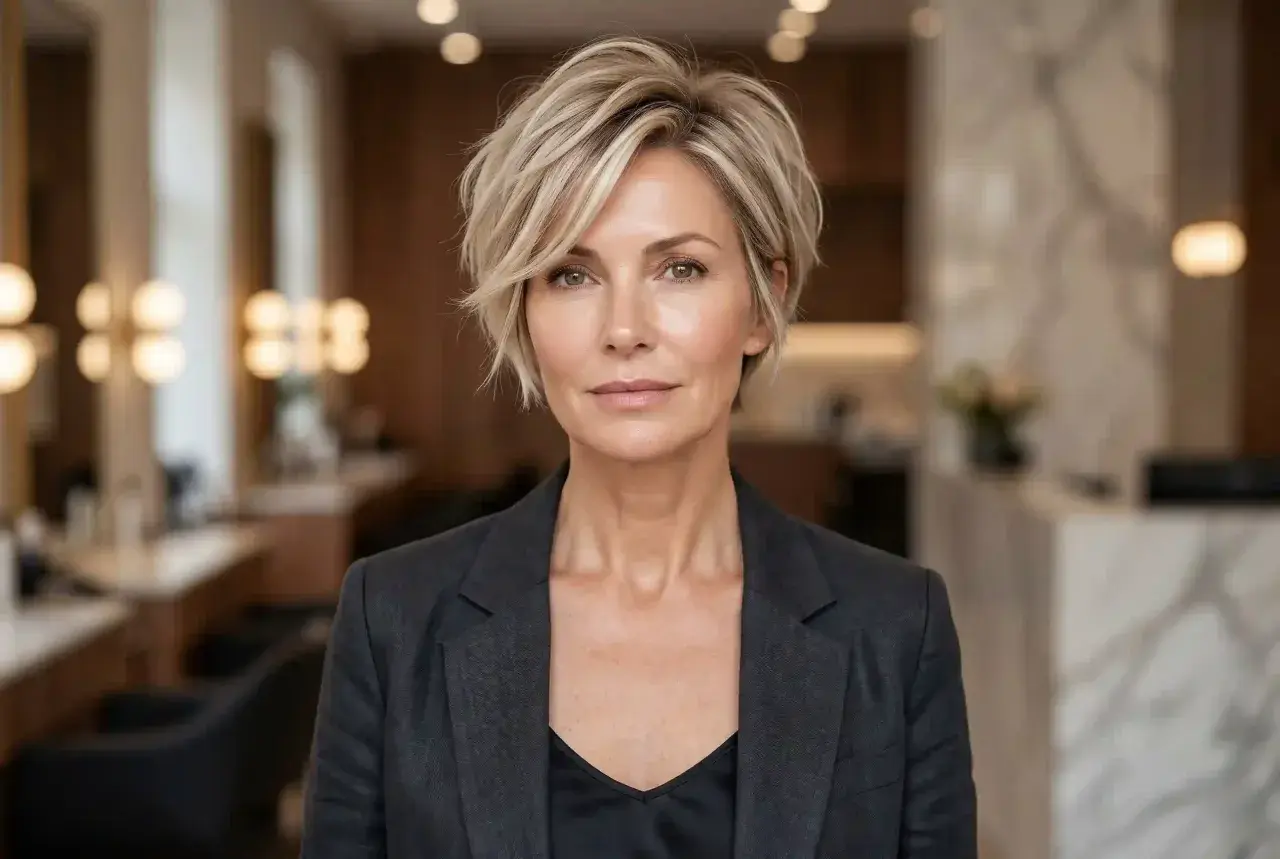 Kobieta z krótkimi, blond włosami w garniturze, patrząca w obiektyw.
