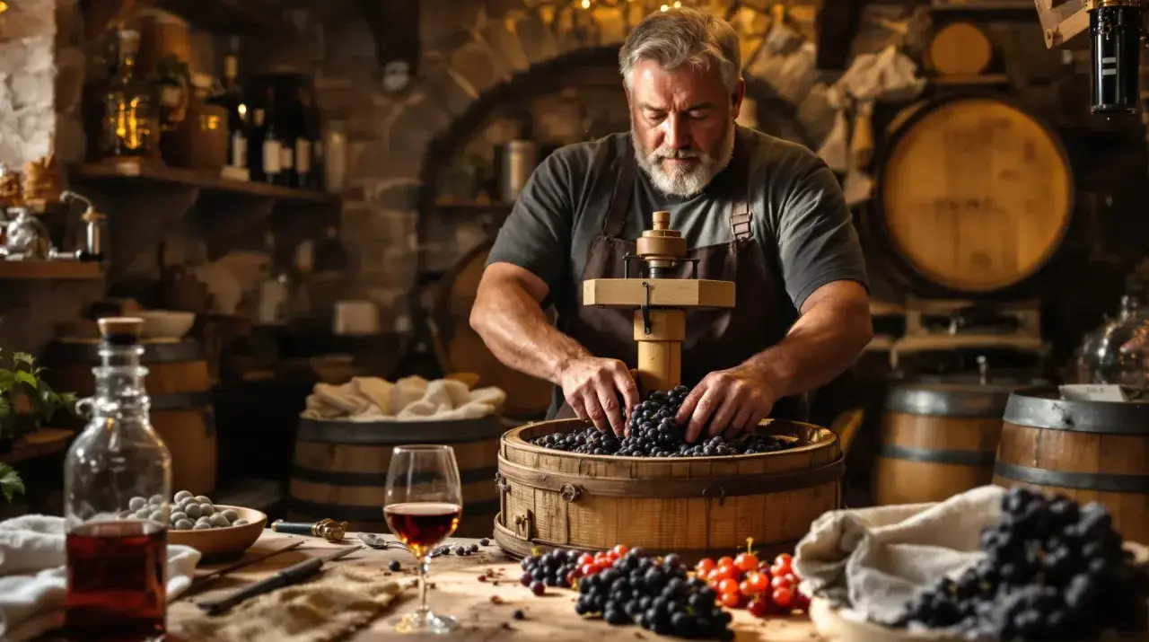 Un vigneron prépare des raisins pour une recette de vin rouge. Des tonneaux et une carafe de vin rouge complètent la scène.