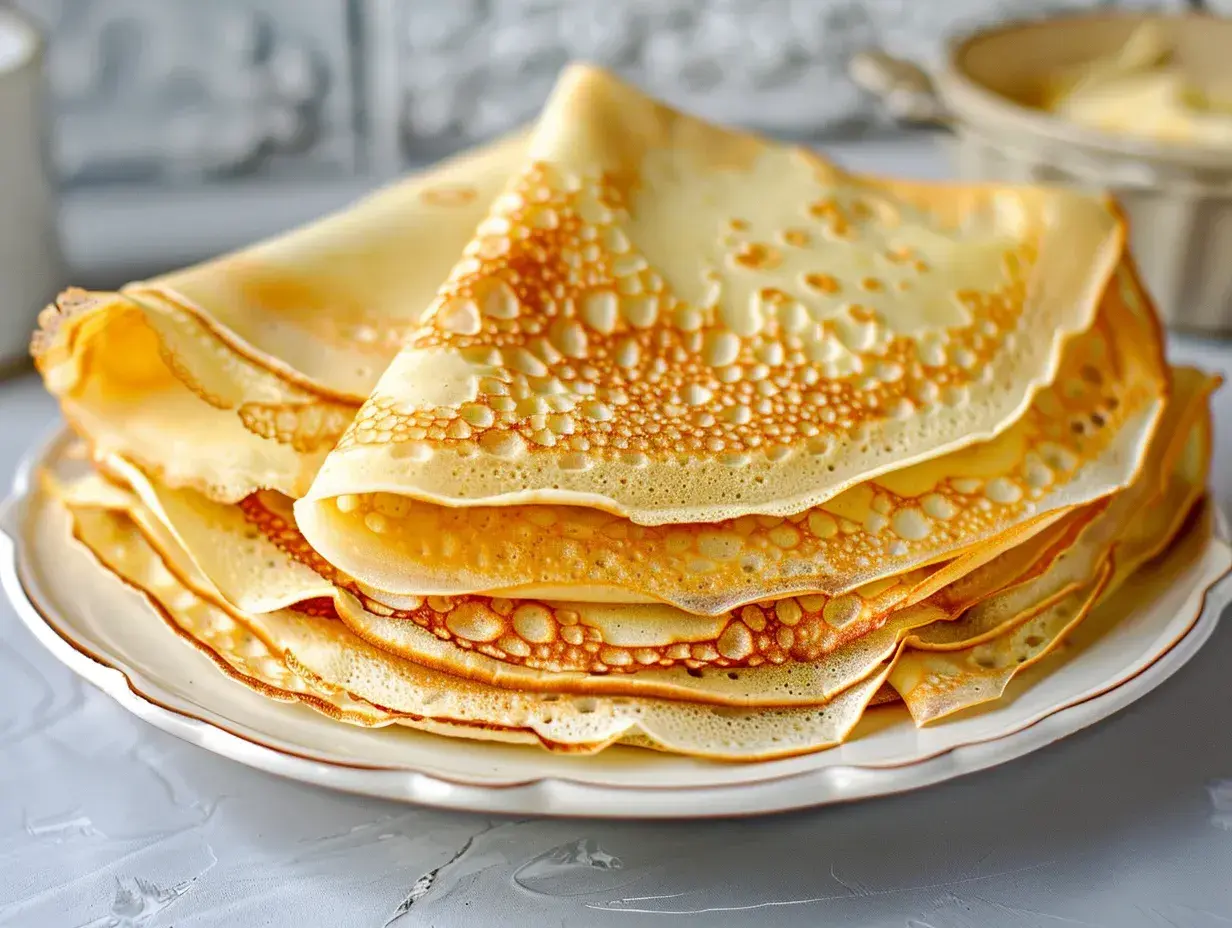 En hög med gyllene, tunna plättar på en vit tallrik. Perfekt för att lära sig hur gör man plättar till frukost eller fika.