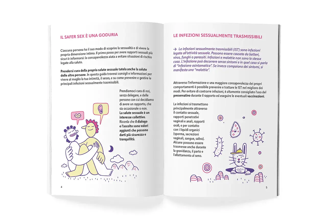 Illustrazione di due persone che si abbracciano, con icone di labbra e orecchio. Un invito a prendersi cura della propria salute sessuale e a fare sesso in modo consapevole.