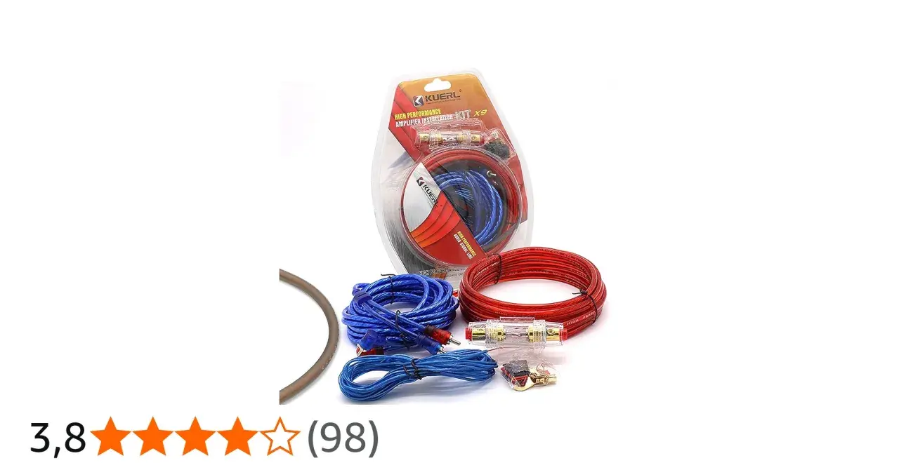 Kit per il collegamento amplificatore auto con cavi rossi e blu, portafusibile e connettori.