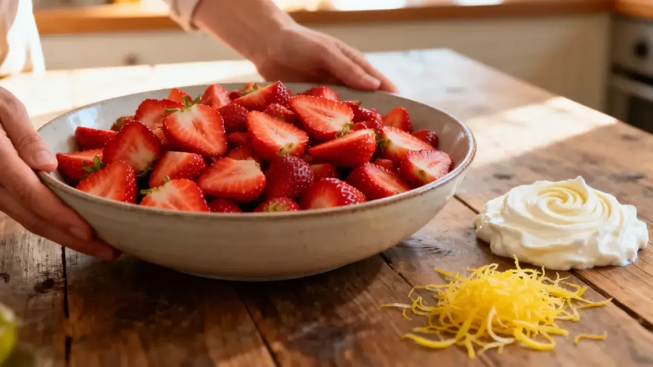 Un bol de fraises coupées en deux, prêt pour un dessert. De la crème fouettée et des zestes de citron sont à côté.