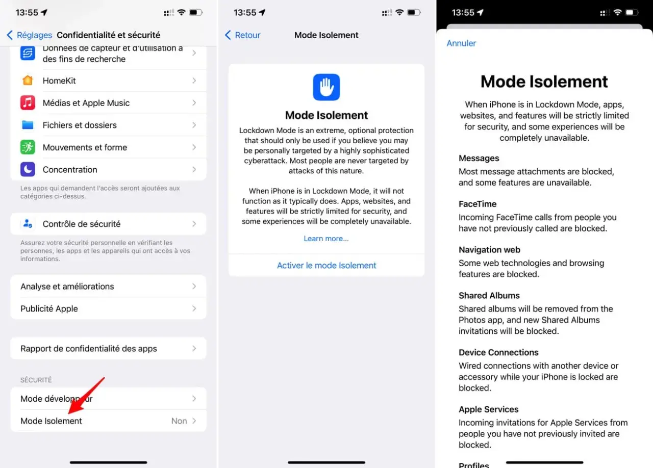 Captures d'écran d'un iPhone montrant les réglages de confidentialité et sécurité, avec une section dédiée au mode Isolement.