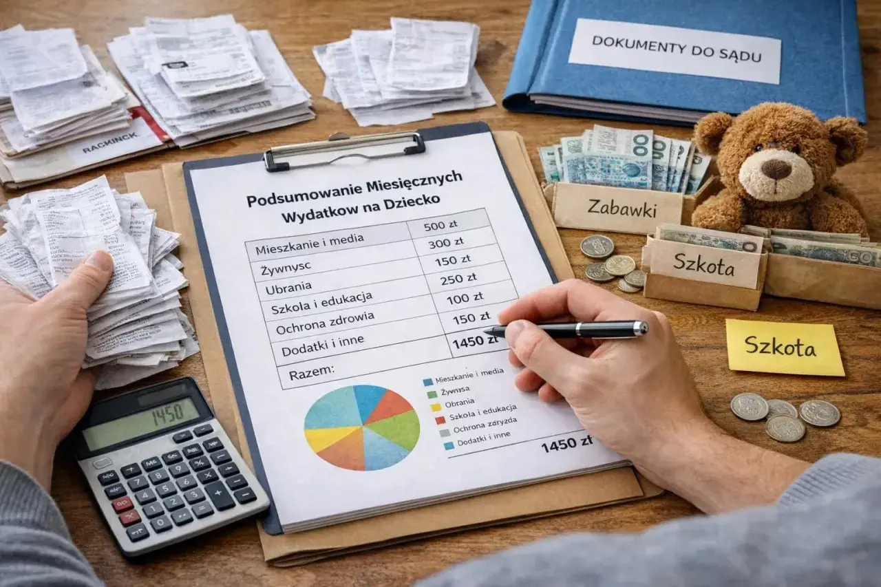 Podsumowanie miesięcznych wydatków na dziecko, w tym faktury do alimentów na kogo. Kalkulator, rachunki i wykres kołowy pokazują koszty.