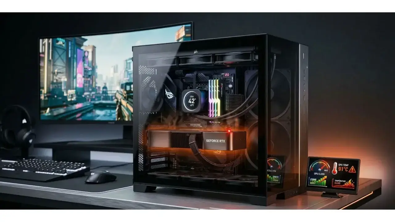 Un PC gamer puissant, prêt pour des sessions de jeu FPS intenses. L'écran affiche un jeu futuriste, le boîtier révèle une carte graphique RTX et un système de refroidissement RGB.
