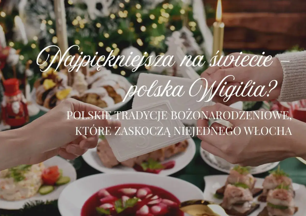 Wigilia Bożego Narodzenia. Dzielenie się opłatkiem na tle świątecznych potraw i choinki. Polskie tradycje bożonarodzeniowe.