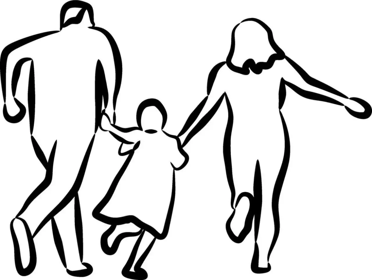 Arte con líneas: una familia corriendo junta, tomados de la mano, con trazos audaces y dinámicos.