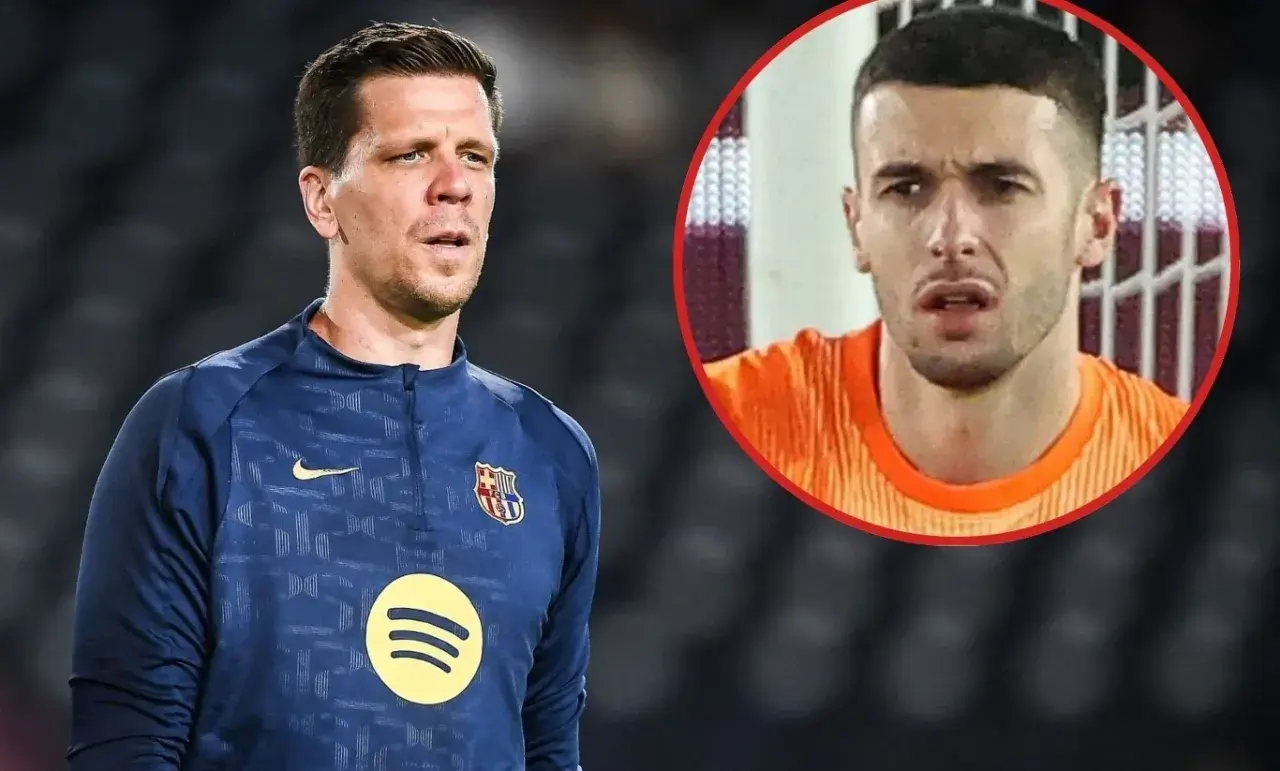Bramkarz Barcelony w niebieskiej bluzie z logo Nike i Spotify. W okręgu widać jego twarz w pomarańczowej koszulce.